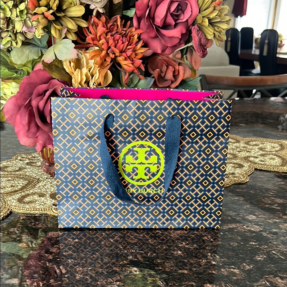Tory Burch Navy and Gold Geometric Shopper’s Tote Bag with material handles
